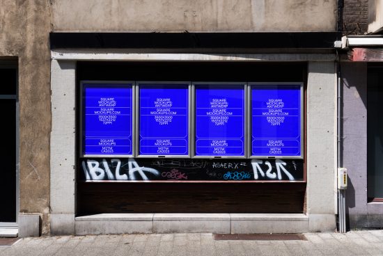 Urban storefront with six posters showcasing blue square mockups for designers, high resolution, with graffiti elements on facade.